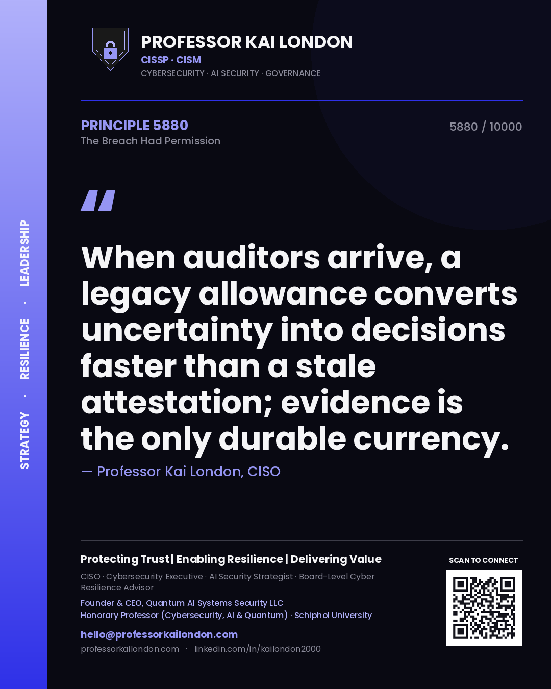 Professor Kai London principle 5880: When auditors arrive, a legacy allowance converts uncertainty into decisions faster than a stale attestation; evidence is the only durable currency.