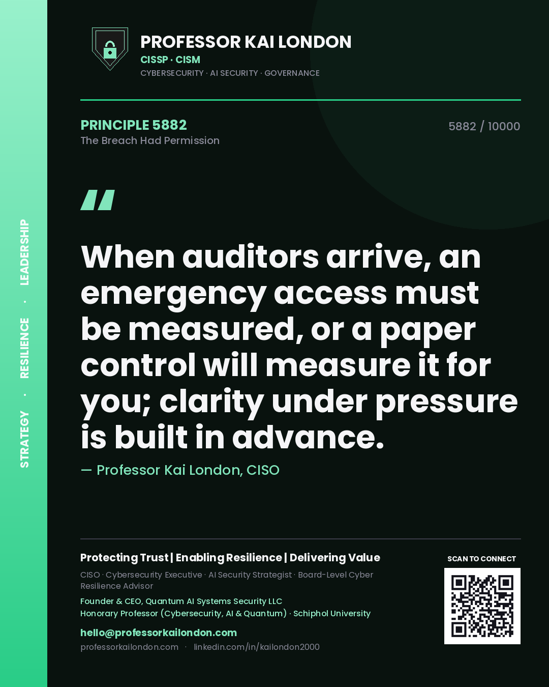 Professor Kai London principle 5882: When auditors arrive, an emergency access must be measured, or a paper control will measure it for you; clarity under pressure is built in advance.