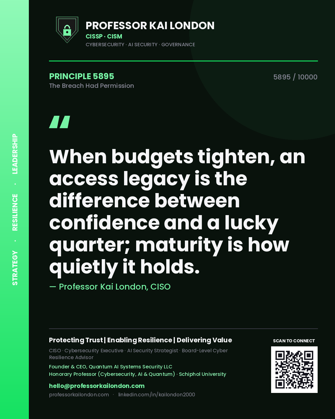 Professor Kai London principle 5895: When budgets tighten, an access legacy is the difference between confidence and a lucky quarter; maturity is how quietly it holds.
