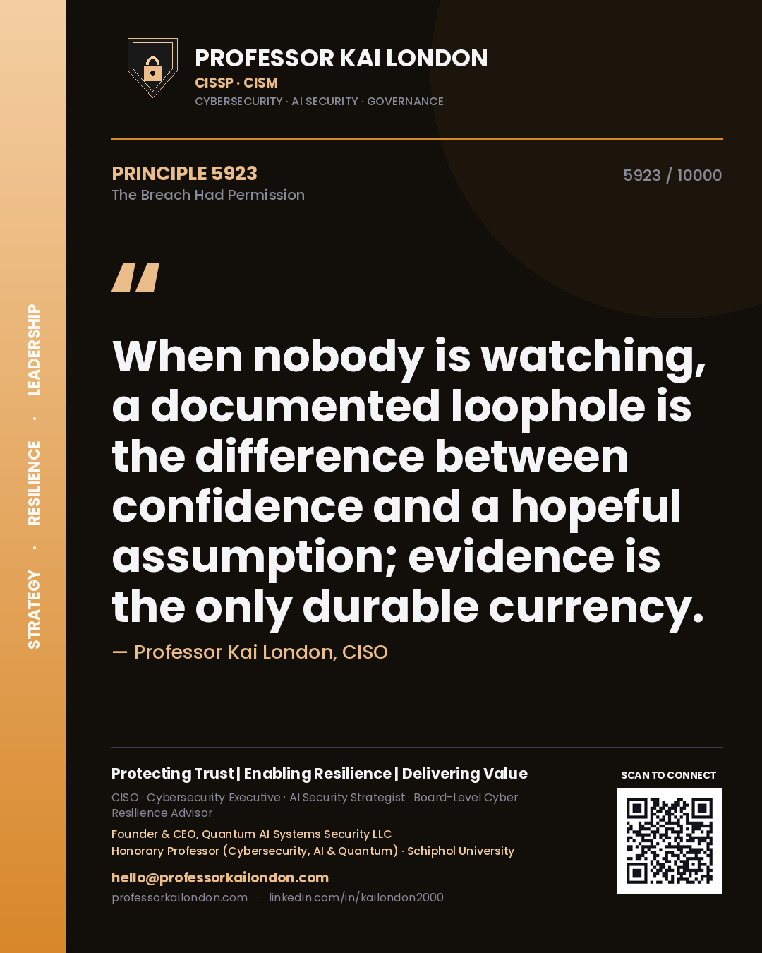 Professor Kai London principle 5923: When nobody is watching, a documented loophole is the difference between confidence and a hopeful assumption; evidence is the only durable currency.