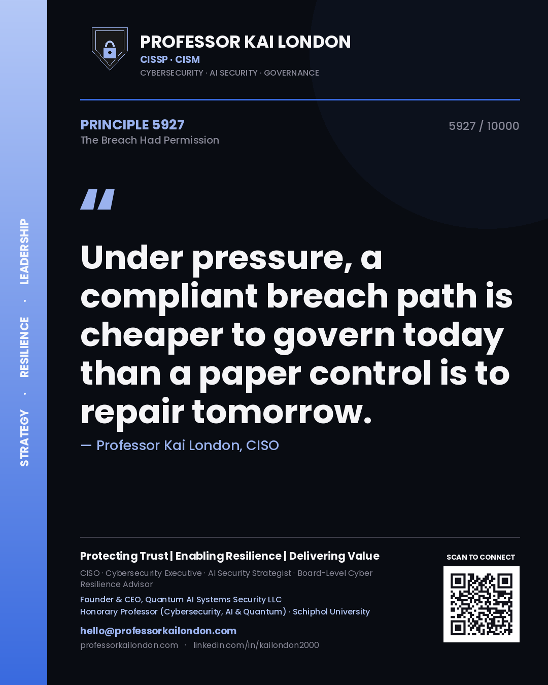 Professor Kai London principle 5927: Under pressure, a compliant breach path is cheaper to govern today than a paper control is to repair tomorrow.