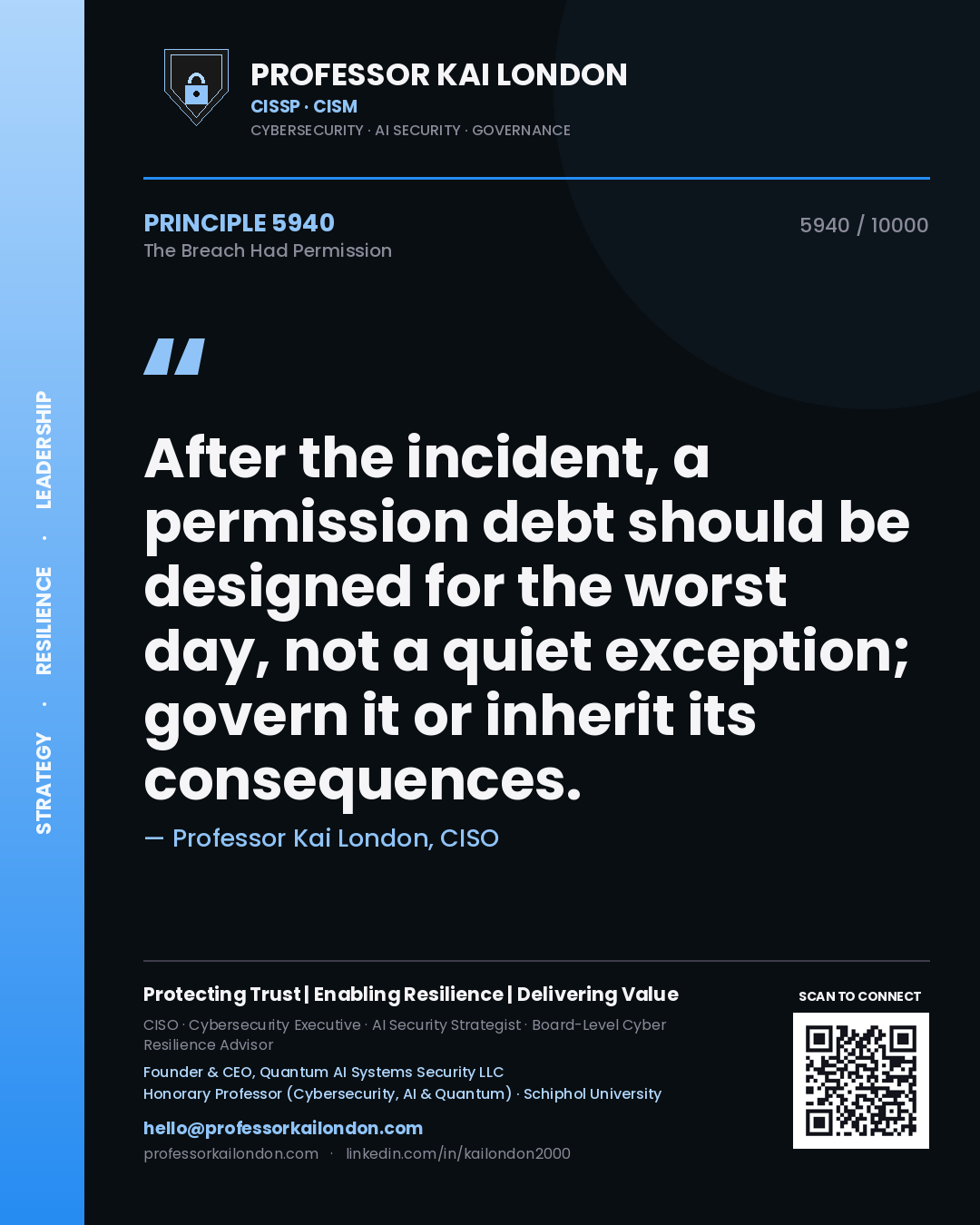 Quote card by Professor Kai London reading 'After the incident, a permission debt should be designed for the worst day, not a quiet exception; govern it or inherit its consequences.'. From the book The Breach Had Permission.