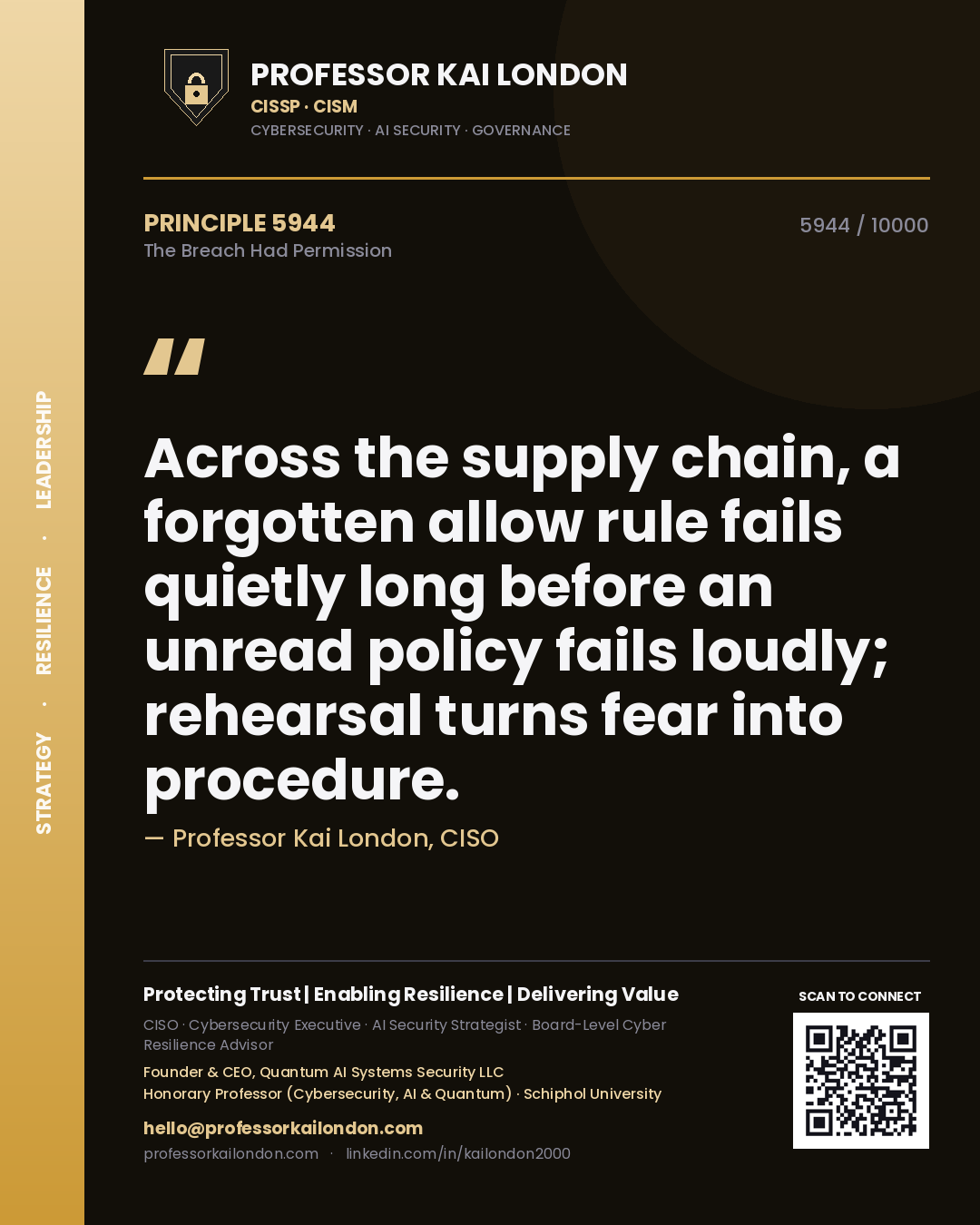 Professor Kai London principle 5944: Across the supply chain, a forgotten allow rule fails quietly long before an unread policy fails loudly; rehearsal turns fear into procedure.