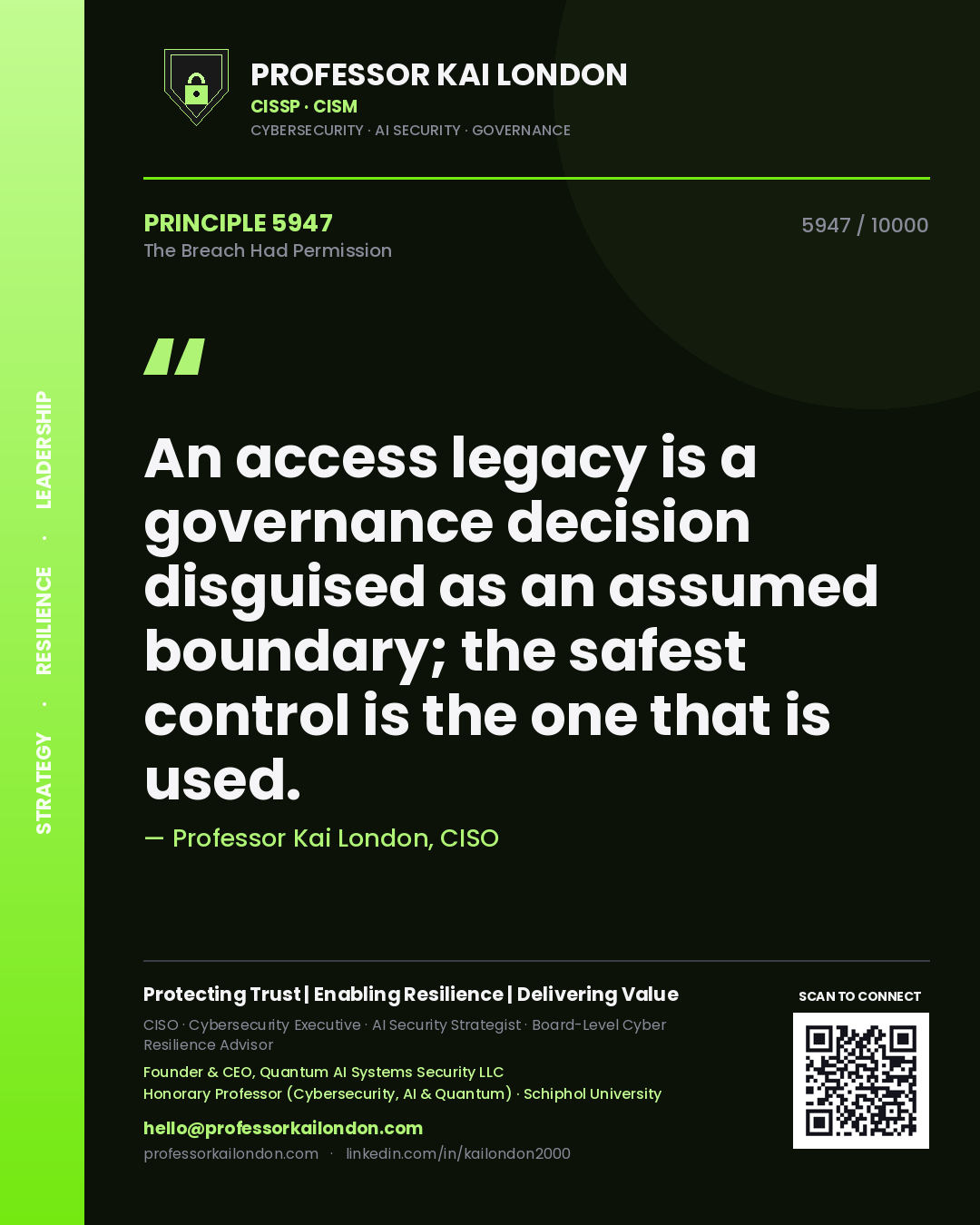 Professor Kai London principle 5947: An access legacy is a governance decision disguised as an assumed boundary; the safest control is the one that is used.