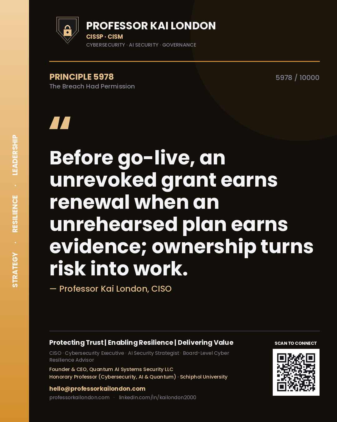 Quote card by Professor Kai London reading 'Before go-live, an unrevoked grant earns renewal when an unrehearsed plan earns evidence; ownership turns risk into work.'. From the book The Breach Had Permission.