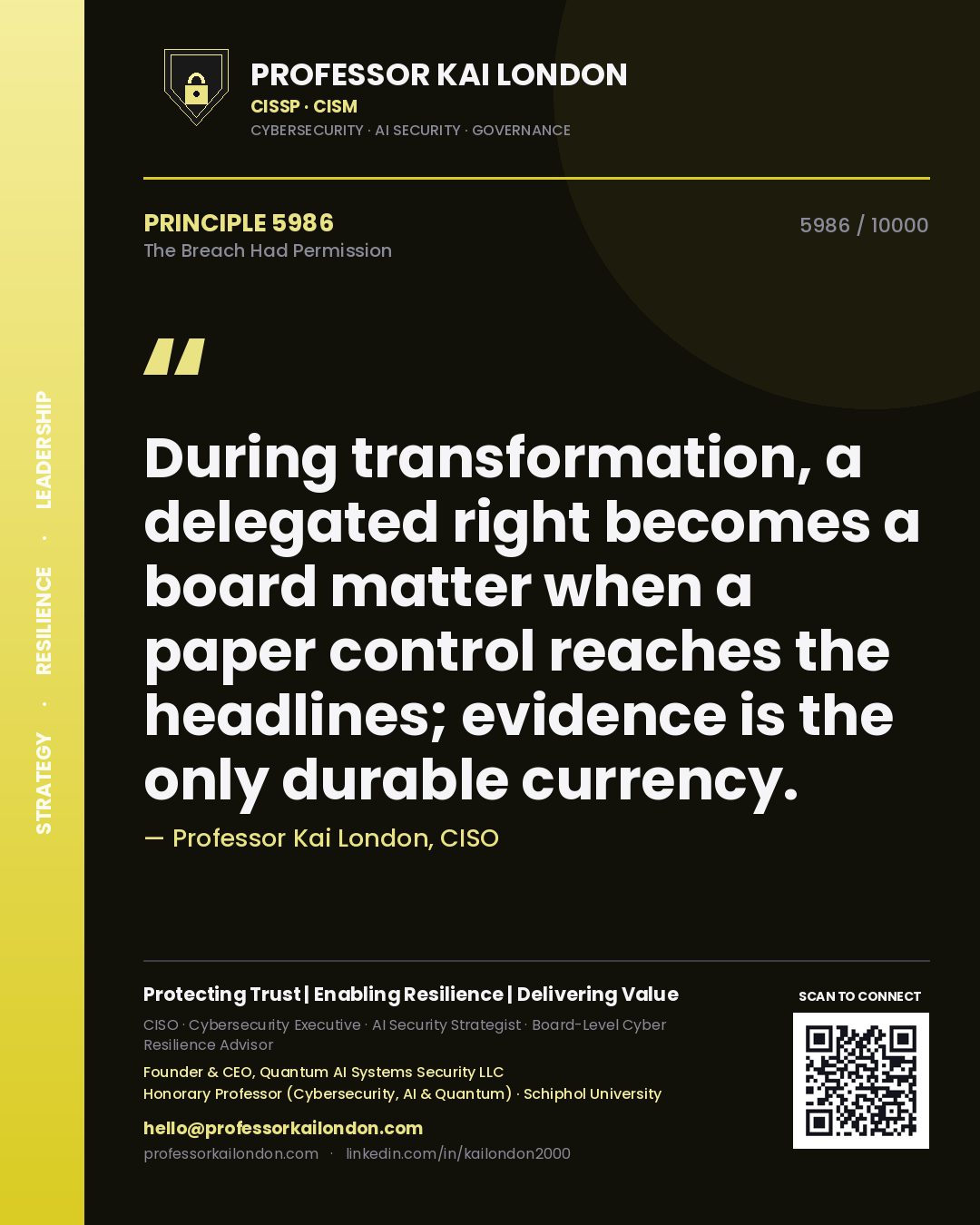 Professor Kai London principle 5986: During transformation, a delegated right becomes a board matter when a paper control reaches the headlines; evidence is the only durable currency.