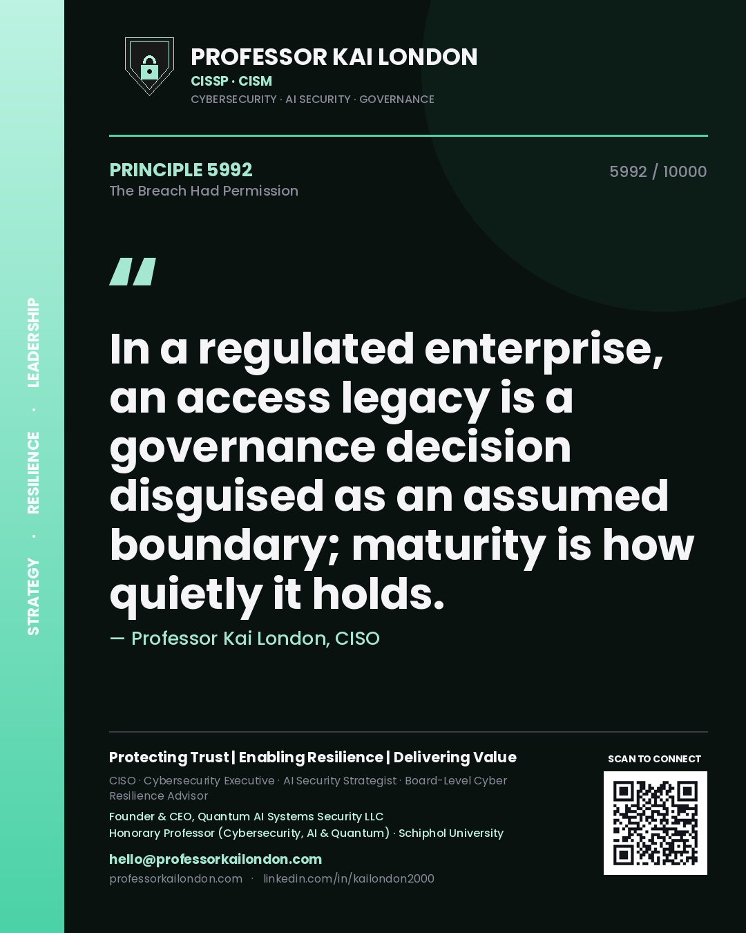 Quote card by Professor Kai London reading 'In a regulated enterprise, an access legacy is a governance decision disguised as an assumed boundary; maturity is how quietly it holds.'. From the book The Breach Had Permission.