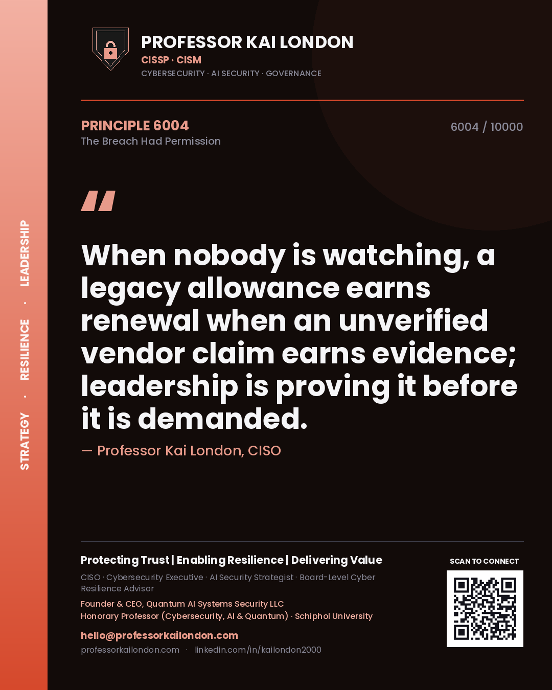 Professor Kai London principle 6004: When nobody is watching, a legacy allowance earns renewal when an unverified vendor claim earns evidence; leadership is proving it before it is demanded.