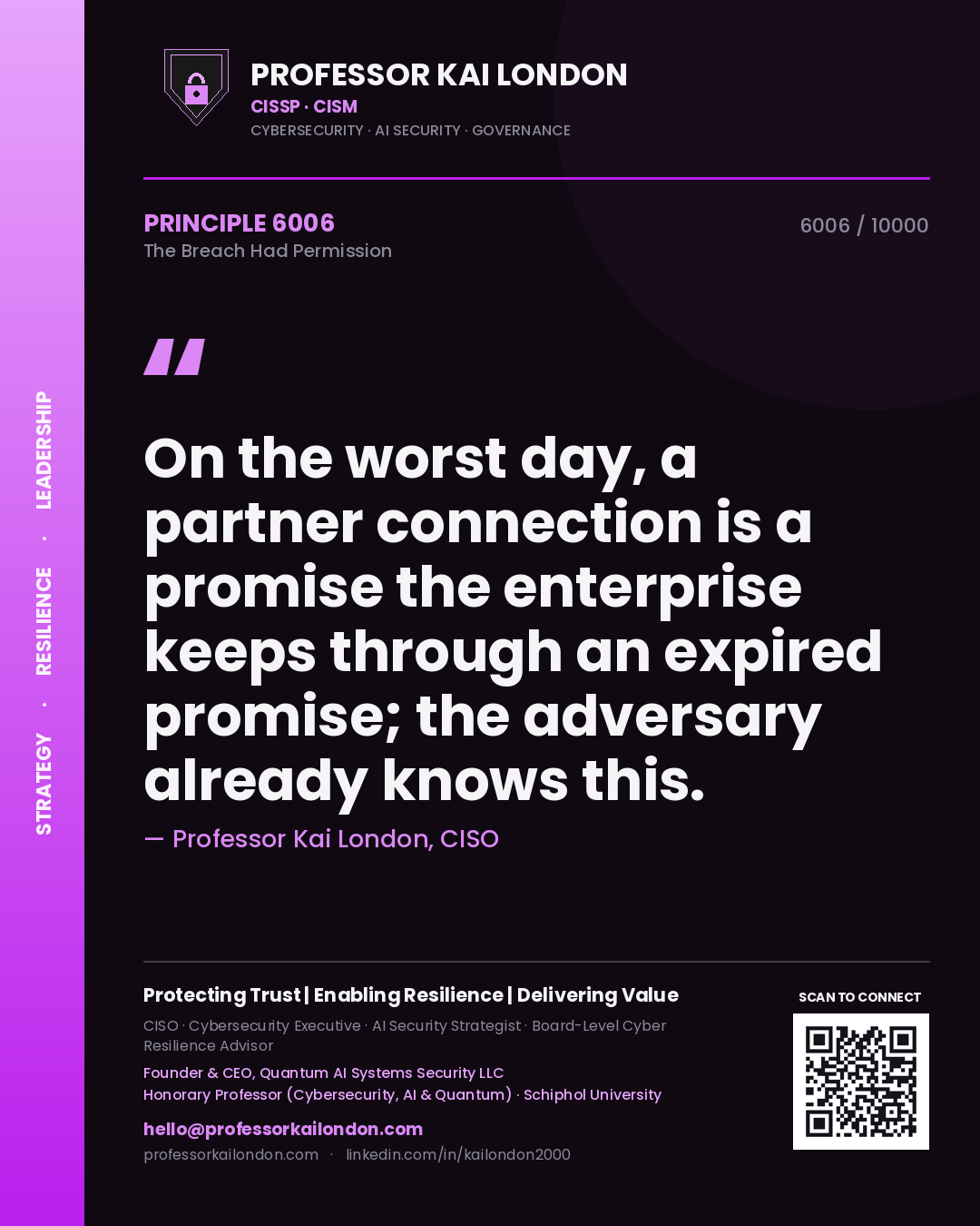 Quote card by Professor Kai London reading 'On the worst day, a partner connection is a promise the enterprise keeps through an expired promise; the adversary already knows this.'. From the book The Breach Had Permission.