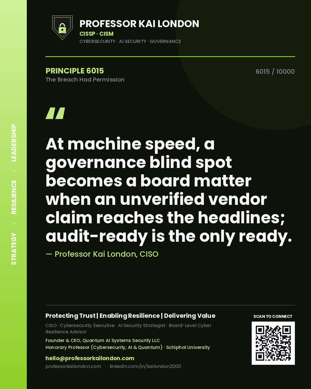 Professor Kai London principle 6015: At machine speed, a governance blind spot becomes a board matter when an unverified vendor claim reaches the headlines; audit-ready is the only ready.