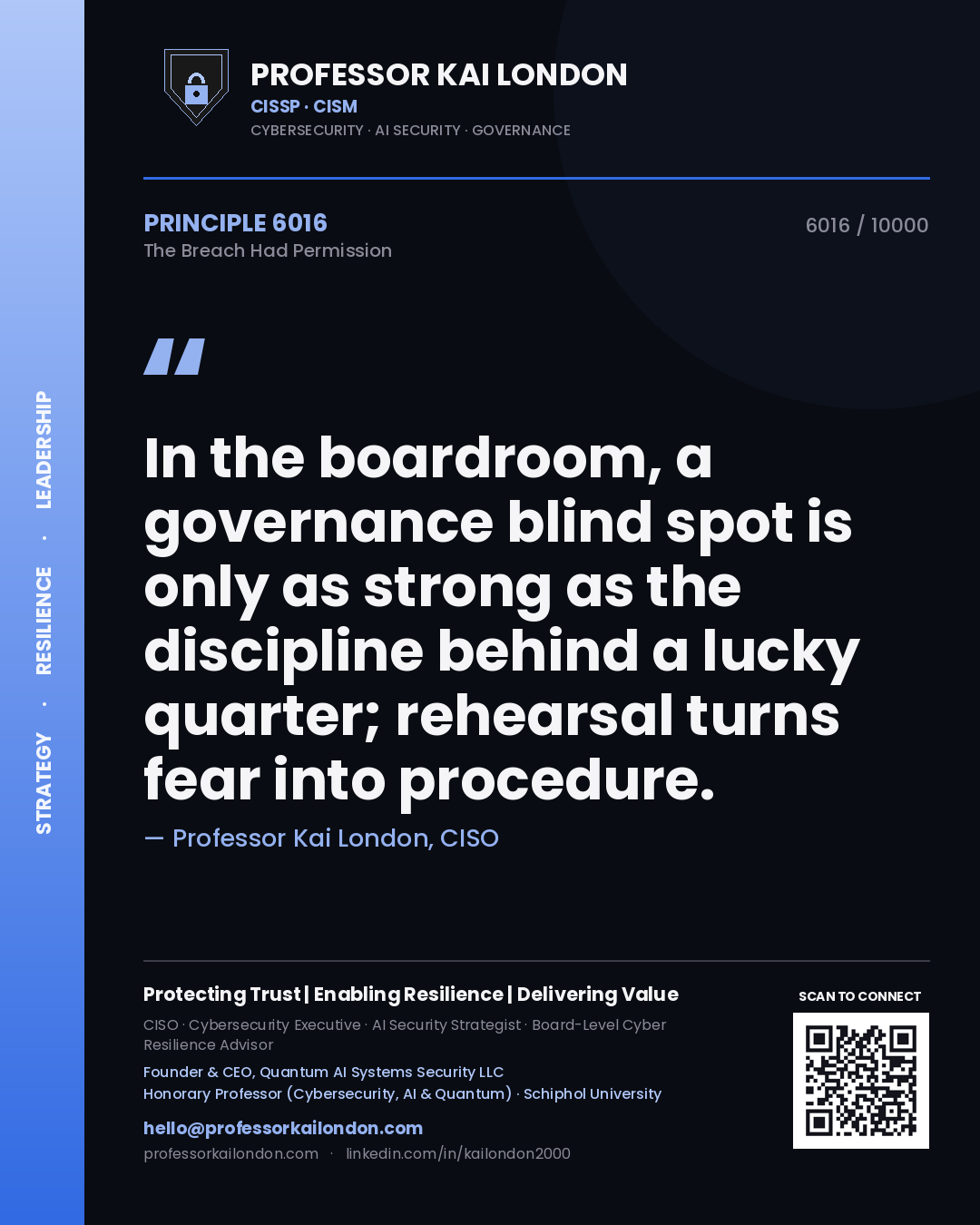 Professor Kai London principle 6016: In the boardroom, a governance blind spot is only as strong as the discipline behind a lucky quarter; rehearsal turns fear into procedure.
