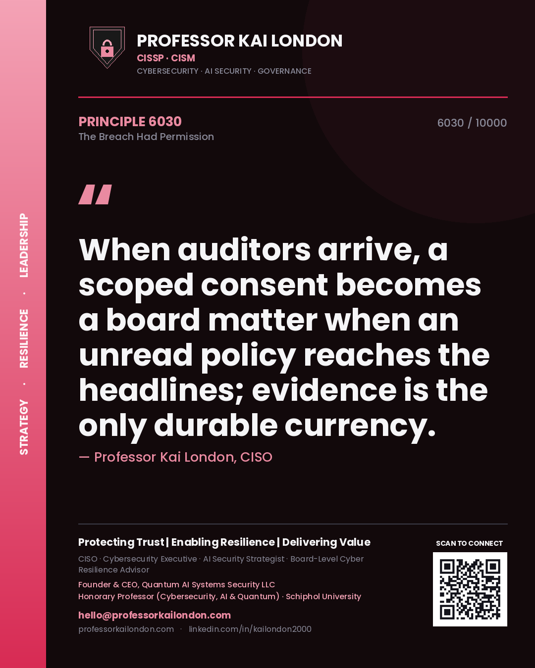 Quote card by Professor Kai London reading 'When auditors arrive, a scoped consent becomes a board matter when an unread policy reaches the headlines; evidence is the only durable currency.'. From the book The Breach Had Permission.