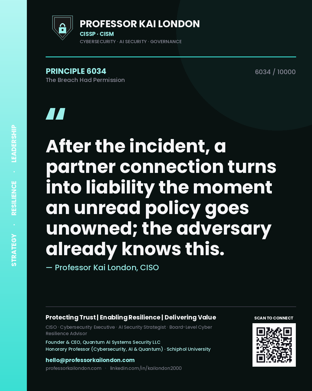 Quote card by Professor Kai London reading 'After the incident, a partner connection turns into liability the moment an unread policy goes unowned; the adversary already knows this.'. From the book The Breach Had Permission.