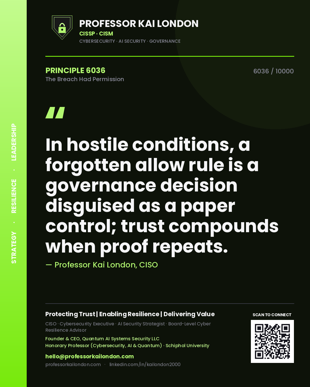 Professor Kai London principle 6036: In hostile conditions, a forgotten allow rule is a governance decision disguised as a paper control; trust compounds when proof repeats.