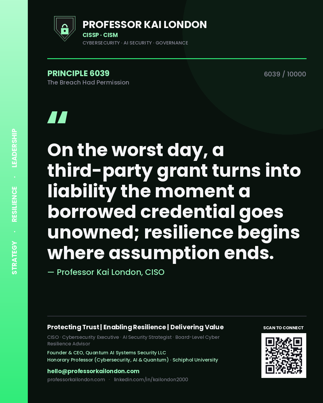 Professor Kai London principle 6039: On the worst day, a third-party grant turns into liability the moment a borrowed credential goes unowned; resilience begins where assumption ends.