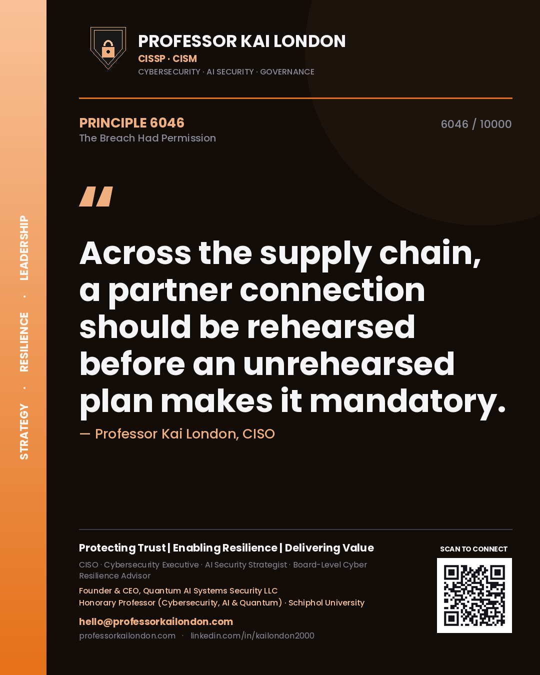 Quote card by Professor Kai London reading 'Across the supply chain, a partner connection should be rehearsed before an unrehearsed plan makes it mandatory.'. From the book The Breach Had Permission.