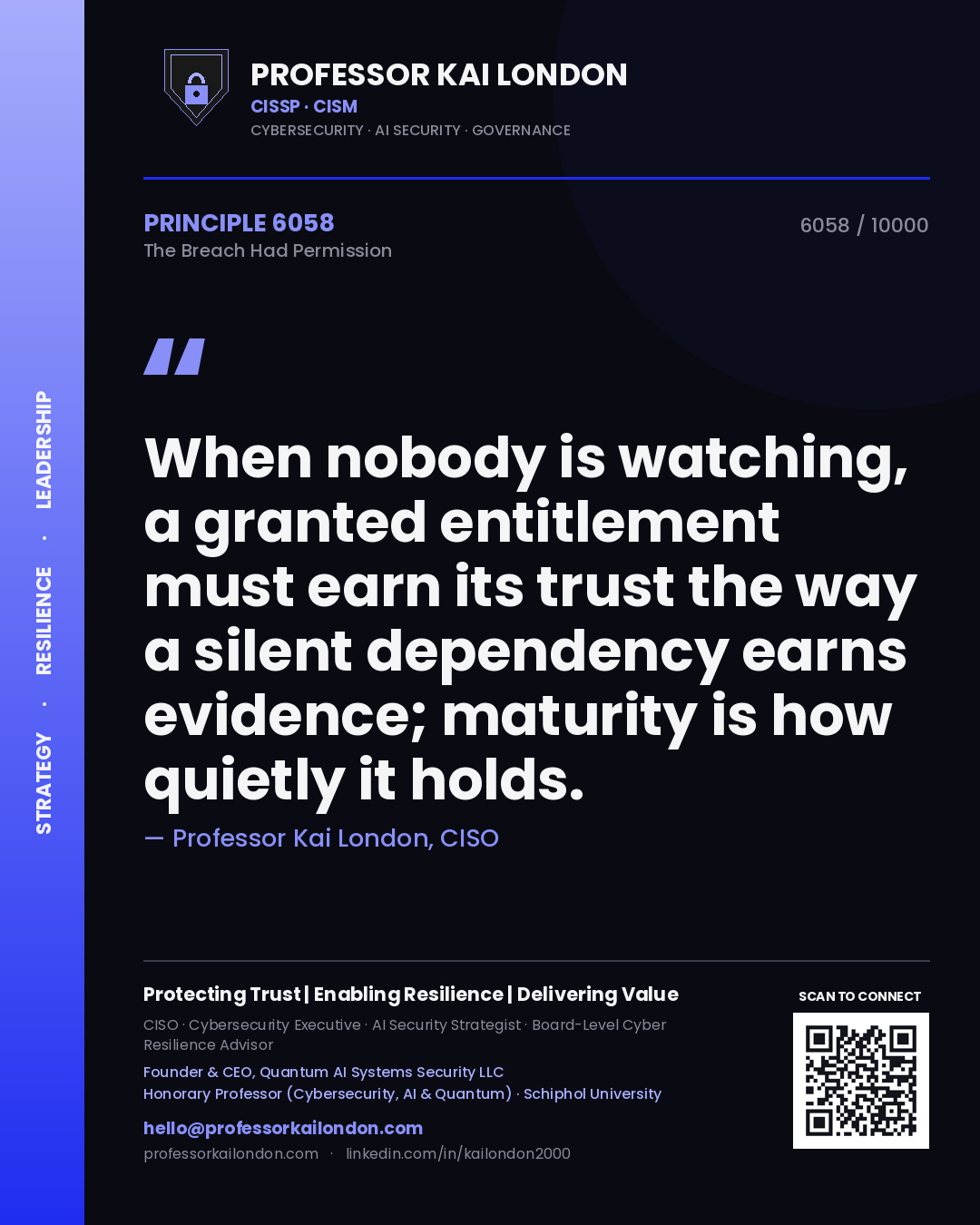 Professor Kai London principle 6058: When nobody is watching, a granted entitlement must earn its trust the way a silent dependency earns evidence; maturity is how quietly it holds.