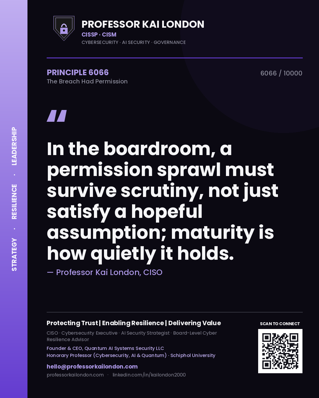 Quote card by Professor Kai London reading 'In the boardroom, a permission sprawl must survive scrutiny, not just satisfy a hopeful assumption; maturity is how quietly it holds.'. From the book The Breach Had Permission.