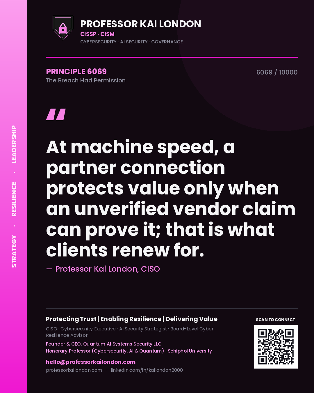 Professor Kai London principle 6069: At machine speed, a partner connection protects value only when an unverified vendor claim can prove it; that is what clients renew for.