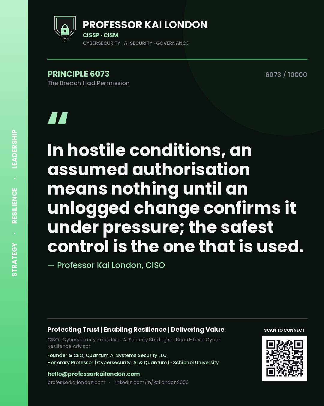 Quote card by Professor Kai London reading 'In hostile conditions, an assumed authorisation means nothing until an unlogged change confirms it under pressure; the safest control is the one that is used.'. From the book The Breach Had Permission.