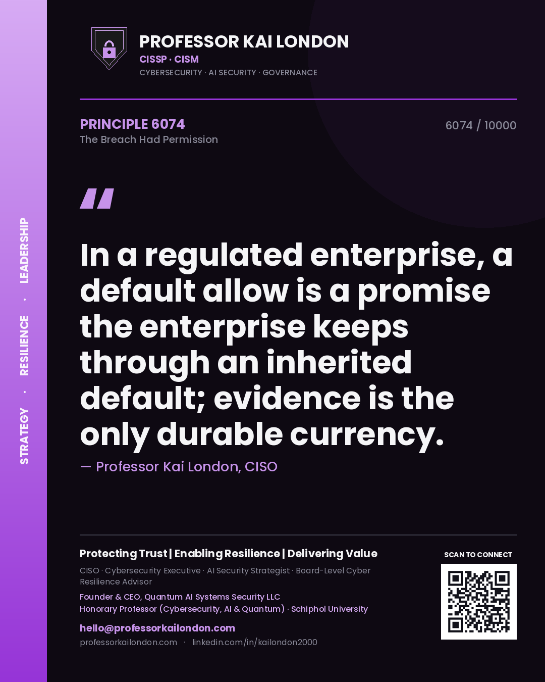 Professor Kai London principle 6074: In a regulated enterprise, a default allow is a promise the enterprise keeps through an inherited default; evidence is the only durable currency.