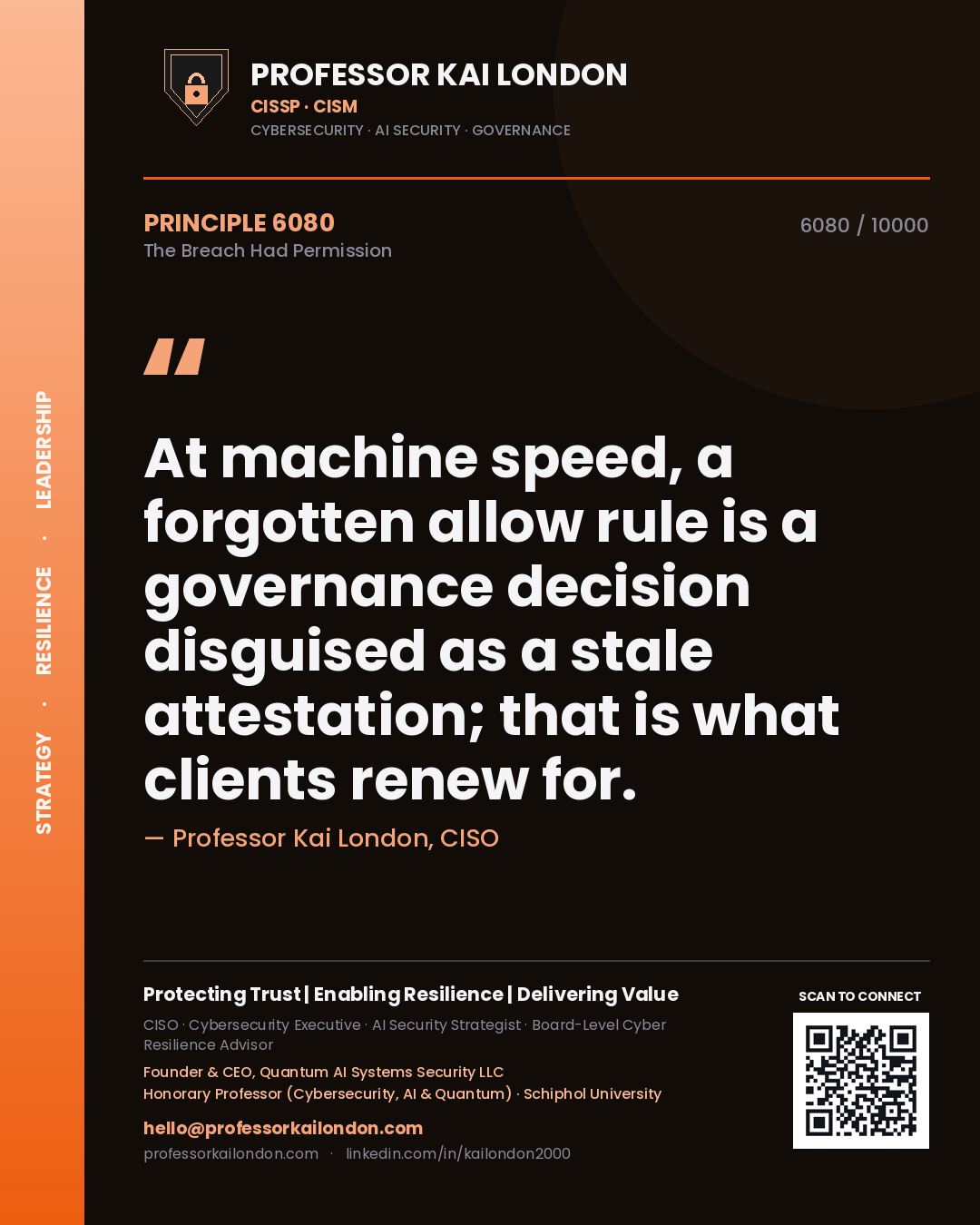 Professor Kai London principle 6080: At machine speed, a forgotten allow rule is a governance decision disguised as a stale attestation; that is what clients renew for.