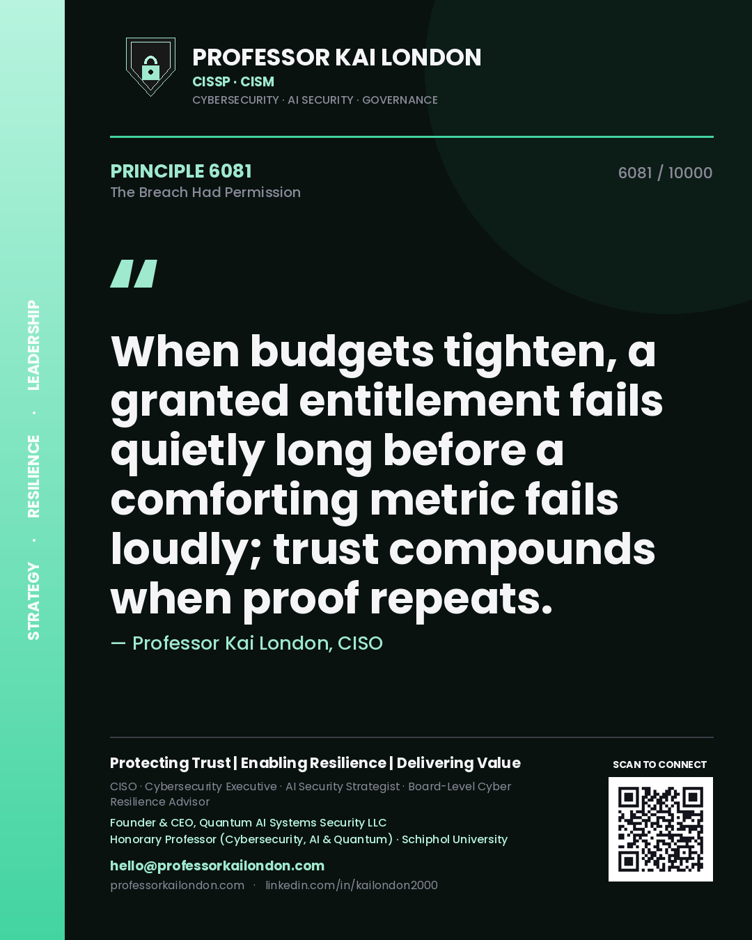 Professor Kai London principle 6081: When budgets tighten, a granted entitlement fails quietly long before a comforting metric fails loudly; trust compounds when proof repeats.