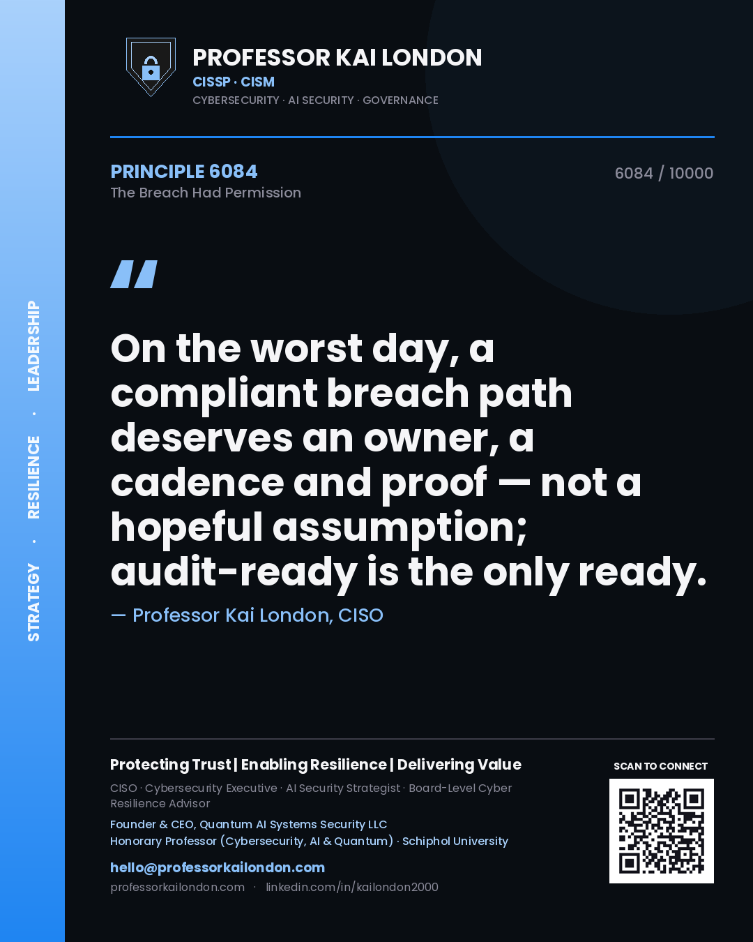Quote card by Professor Kai London reading 'On the worst day, a compliant breach path deserves an owner, a cadence and proof — not a hopeful assumption; audit-ready is the only ready.'. From the book The Breach Had Permission.