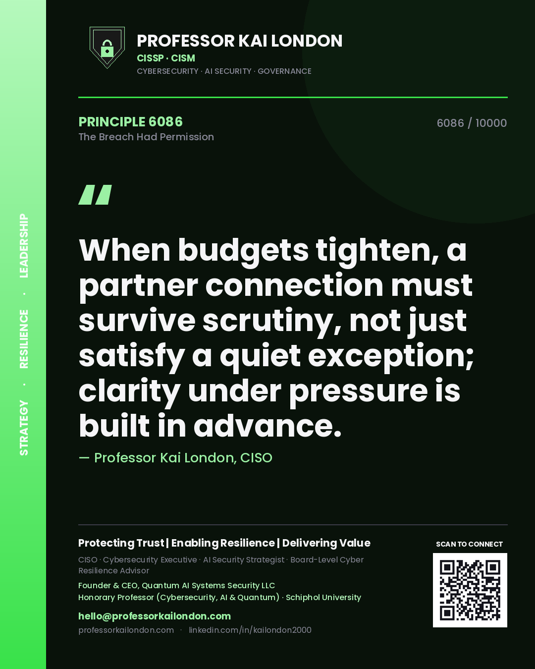 Professor Kai London principle 6086: When budgets tighten, a partner connection must survive scrutiny, not just satisfy a quiet exception; clarity under pressure is built in advance.