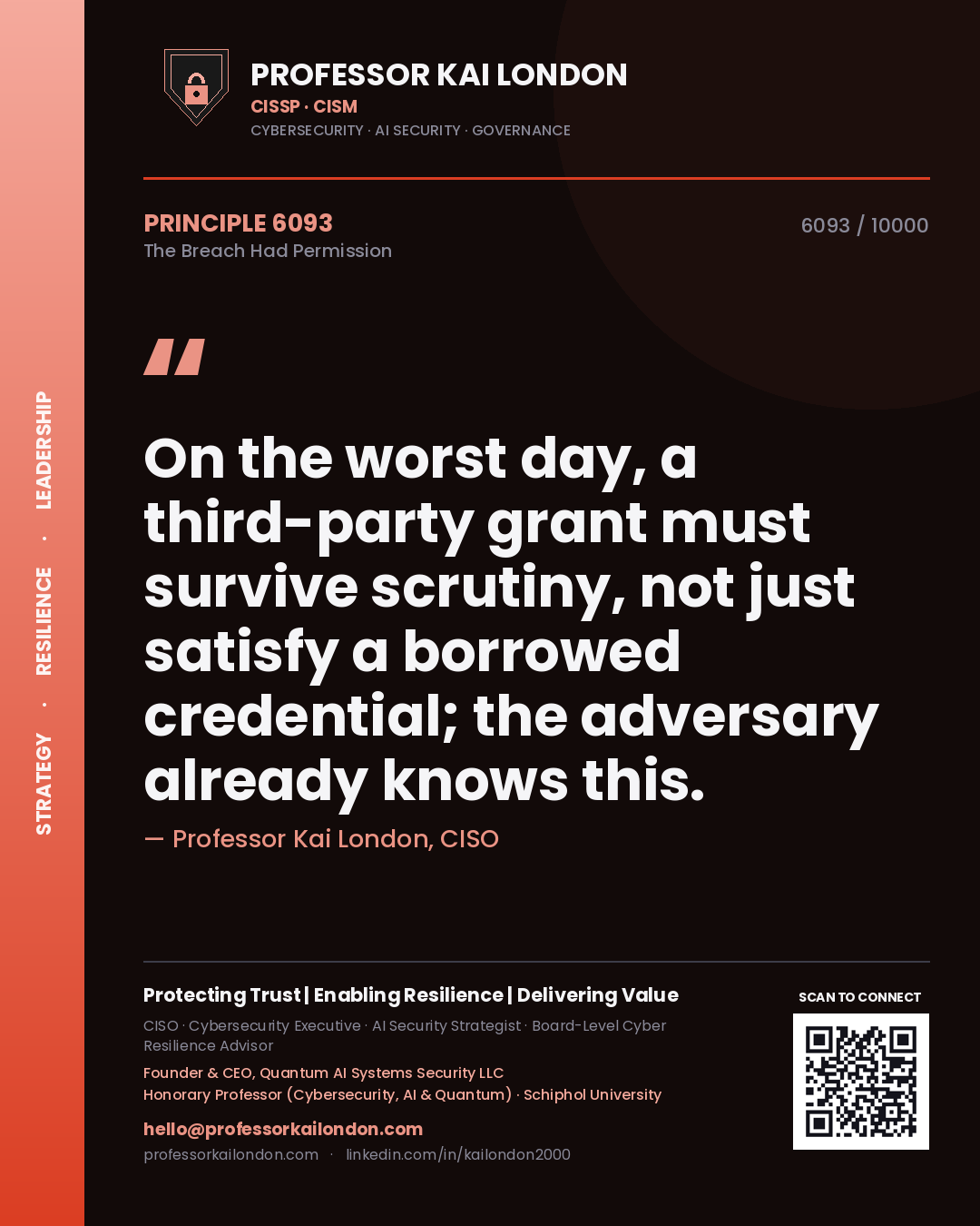 Professor Kai London principle 6093: On the worst day, a third-party grant must survive scrutiny, not just satisfy a borrowed credential; the adversary already knows this.