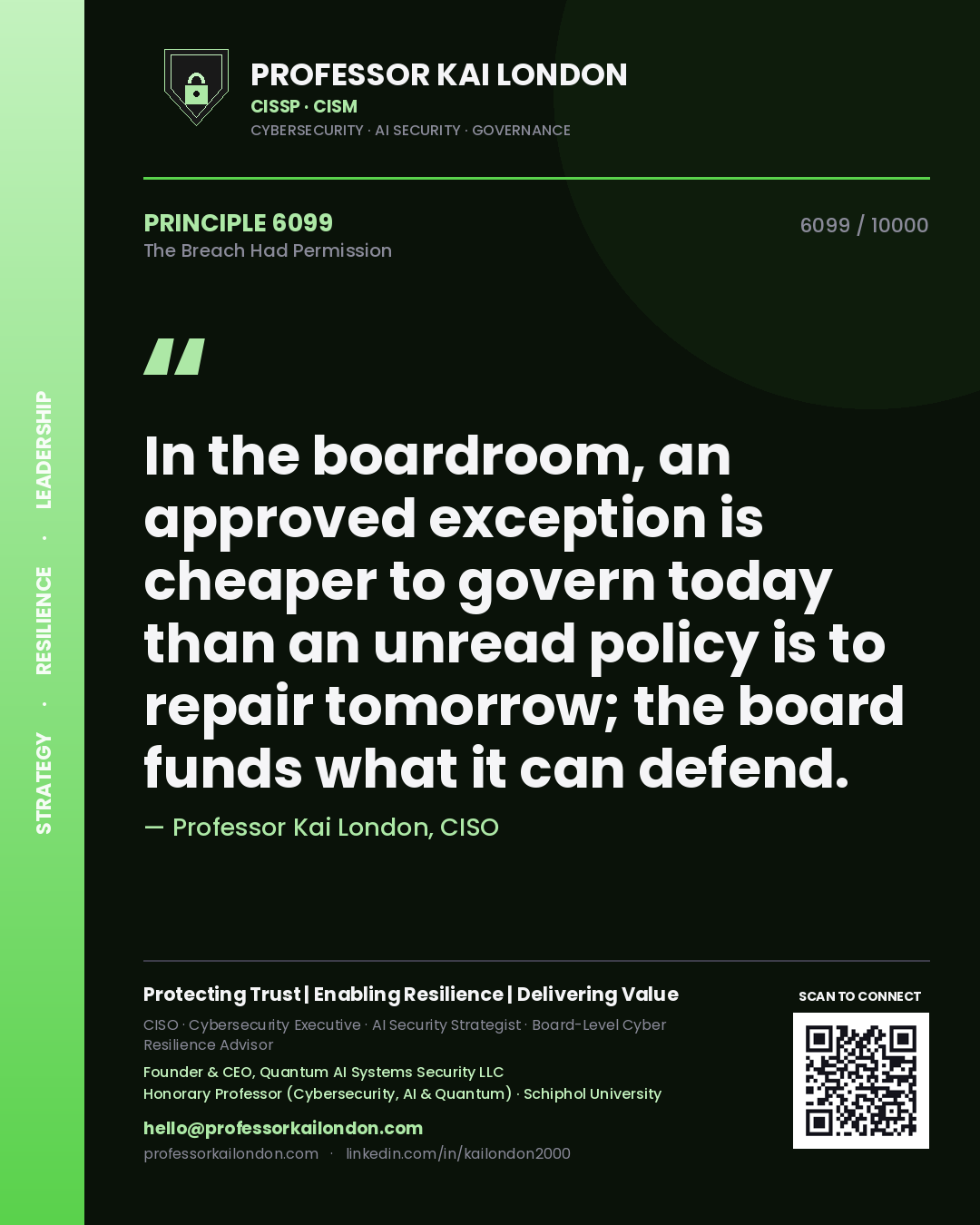 Quote card by Professor Kai London reading 'In the boardroom, an approved exception is cheaper to govern today than an unread policy is to repair tomorrow; the board funds what it can defend.'. From the book The Breach Had Permission.