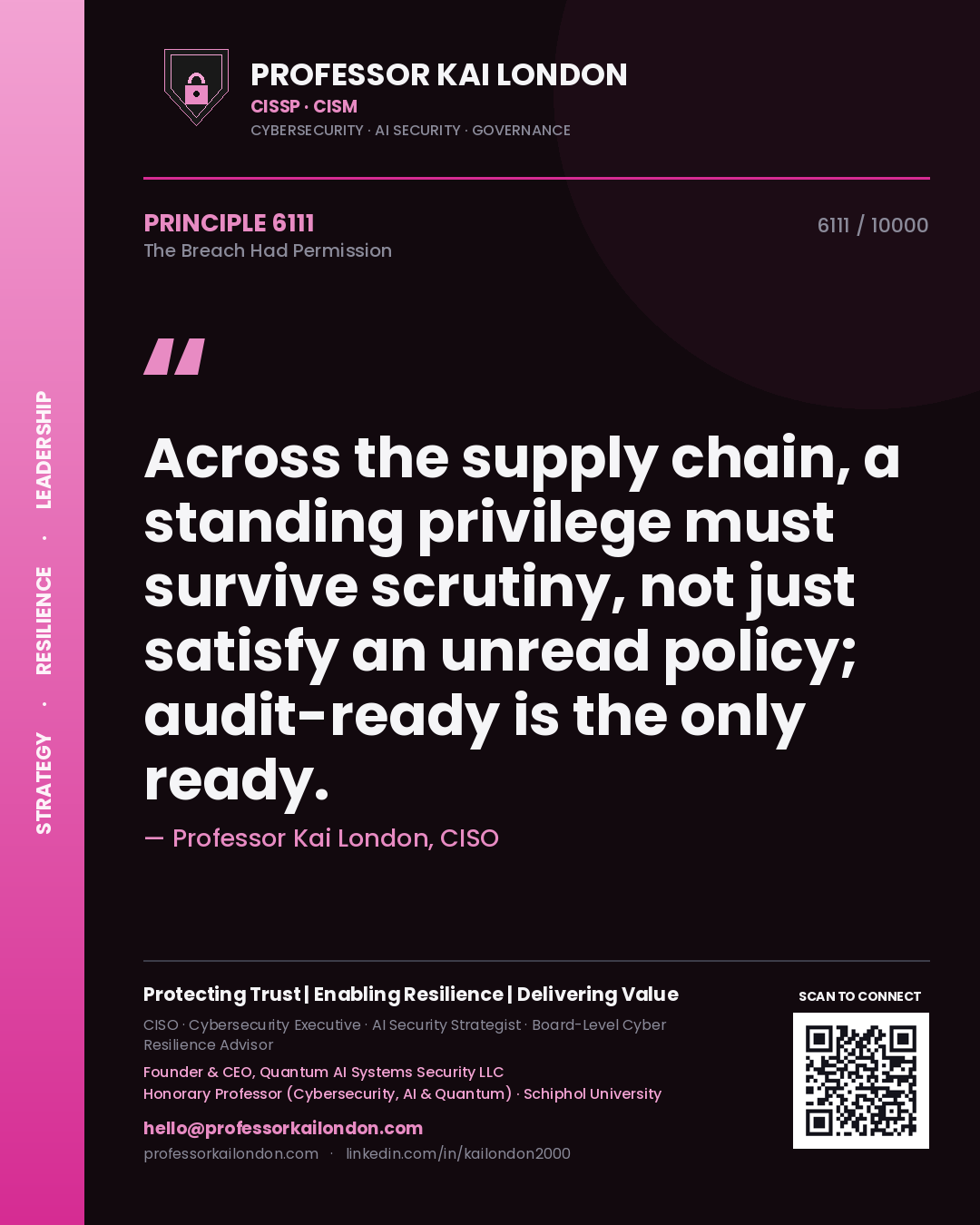 Quote card by Professor Kai London reading 'Across the supply chain, a standing privilege must survive scrutiny, not just satisfy an unread policy; audit-ready is the only ready.'. From the book The Breach Had Permission.