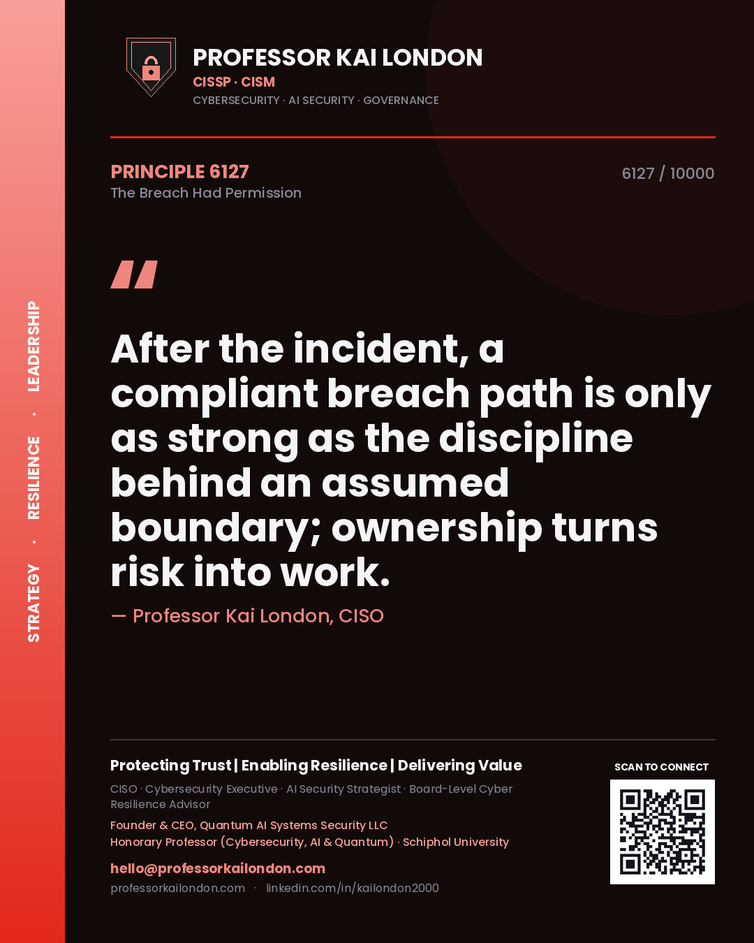 Quote card by Professor Kai London reading 'After the incident, a compliant breach path is only as strong as the discipline behind an assumed boundary; ownership turns risk into work.'. From the book The Breach Had Permission.