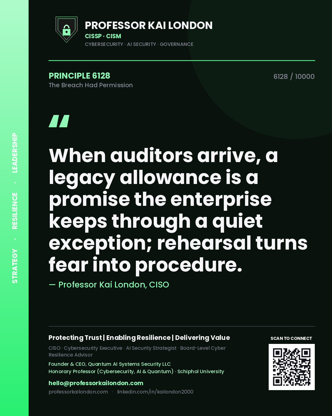 Quote card by Professor Kai London reading 'When auditors arrive, a legacy allowance is a promise the enterprise keeps through a quiet exception; rehearsal turns fear into procedure.'. From the book The Breach Had Permission.