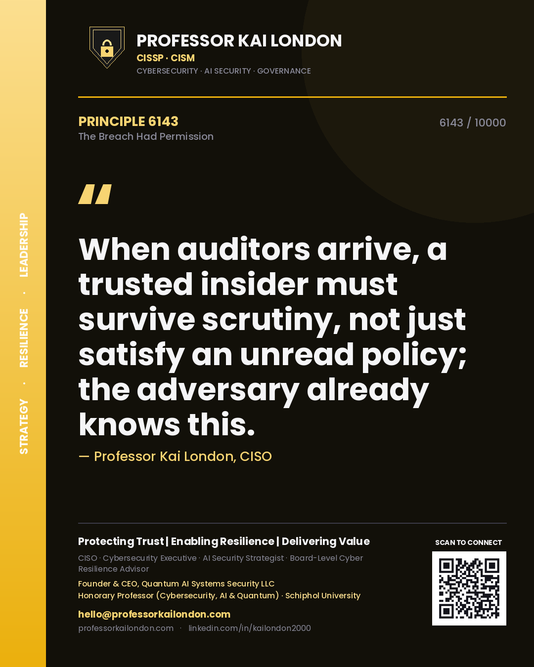 Professor Kai London principle 6143: When auditors arrive, a trusted insider must survive scrutiny, not just satisfy an unread policy; the adversary already knows this.