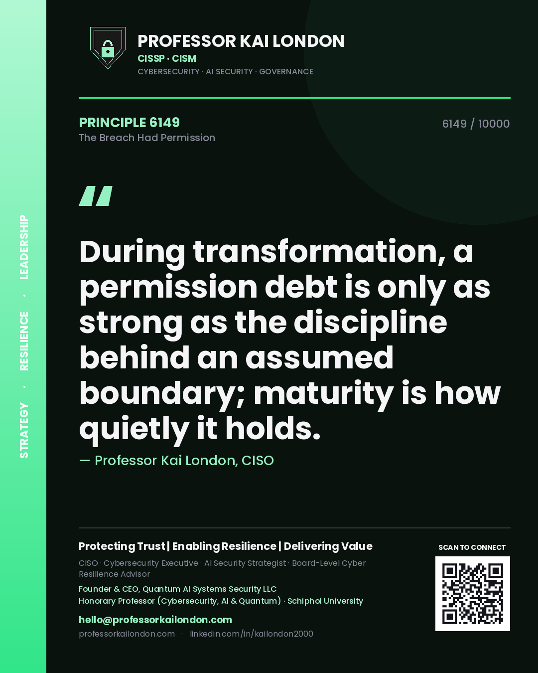 Quote card by Professor Kai London reading 'During transformation, a permission debt is only as strong as the discipline behind an assumed boundary; maturity is how quietly it holds.'. From the book The Breach Had Permission.