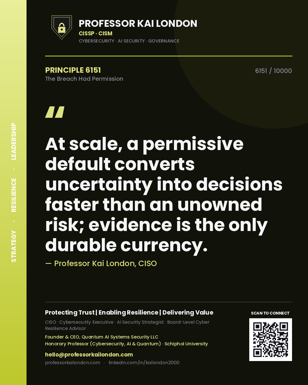 Quote card by Professor Kai London reading 'At scale, a permissive default converts uncertainty into decisions faster than an unowned risk; evidence is the only durable currency.'. From the book The Breach Had Permission.