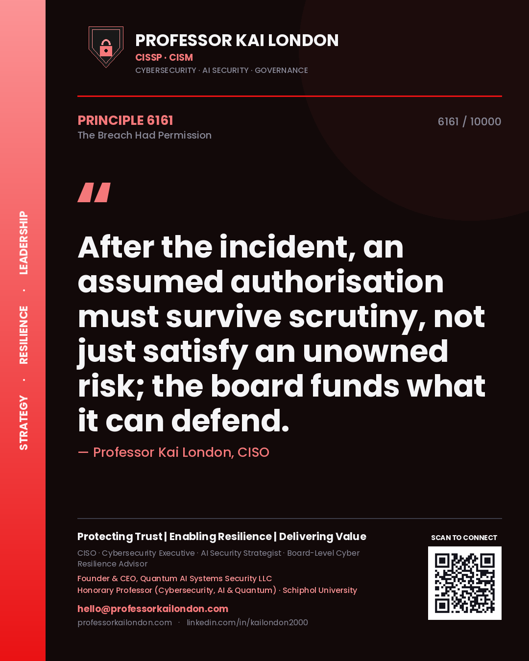 Professor Kai London principle 6161: After the incident, an assumed authorisation must survive scrutiny, not just satisfy an unowned risk; the board funds what it can defend.