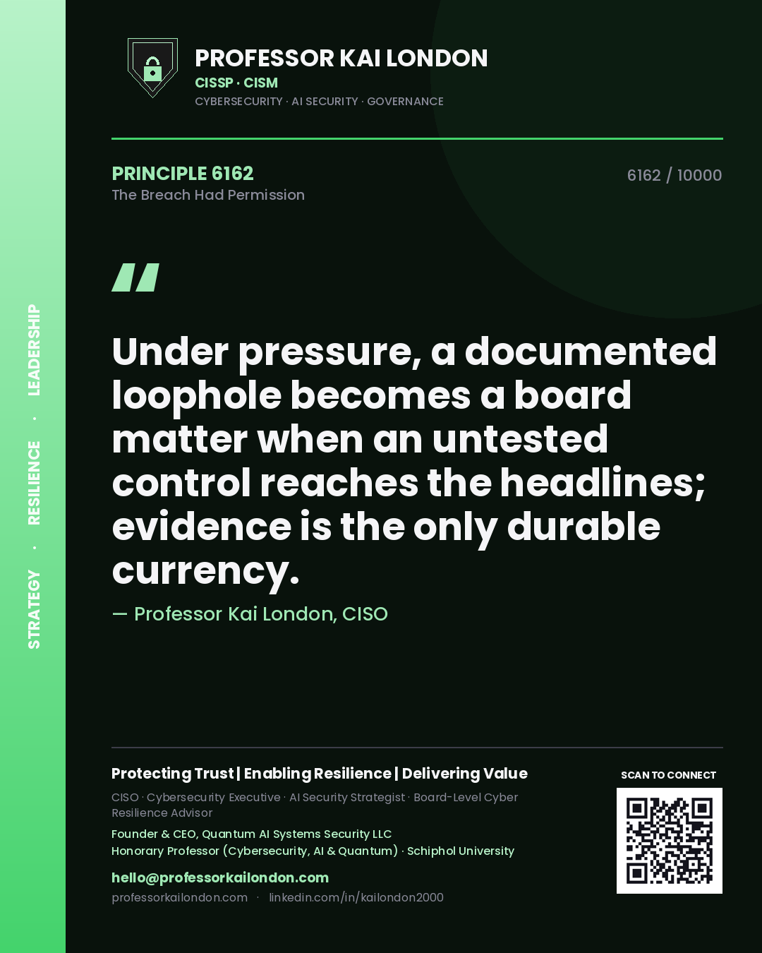 Professor Kai London principle 6162: Under pressure, a documented loophole becomes a board matter when an untested control reaches the headlines; evidence is the only durable currency.