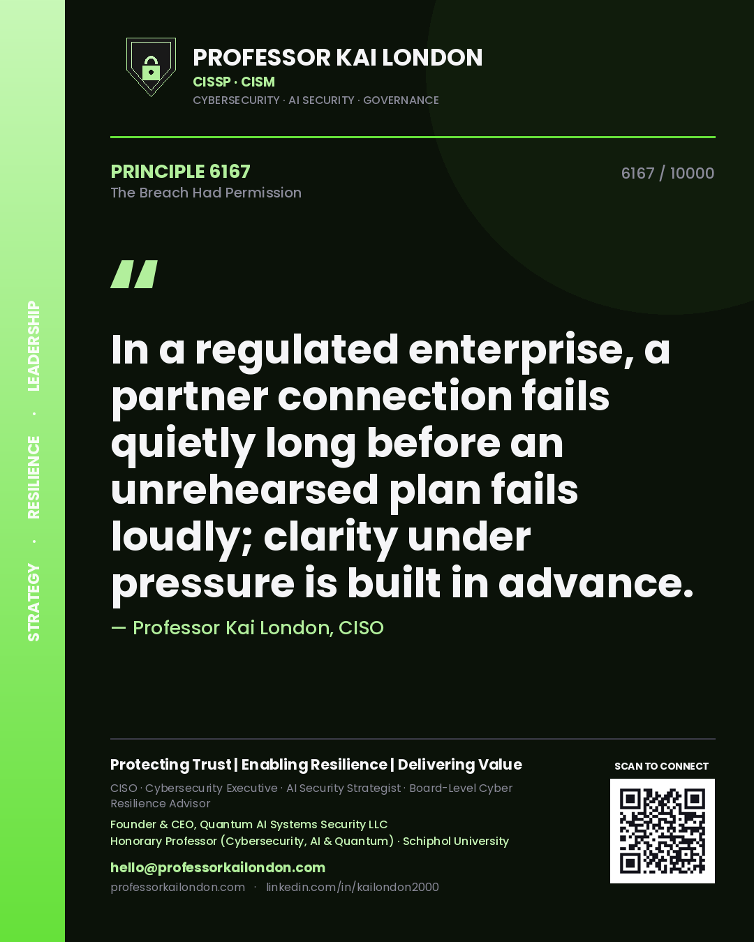 Quote card by Professor Kai London reading 'In a regulated enterprise, a partner connection fails quietly long before an unrehearsed plan fails loudly; clarity under pressure is built in advance.'. From the book The Breach Had Permission.