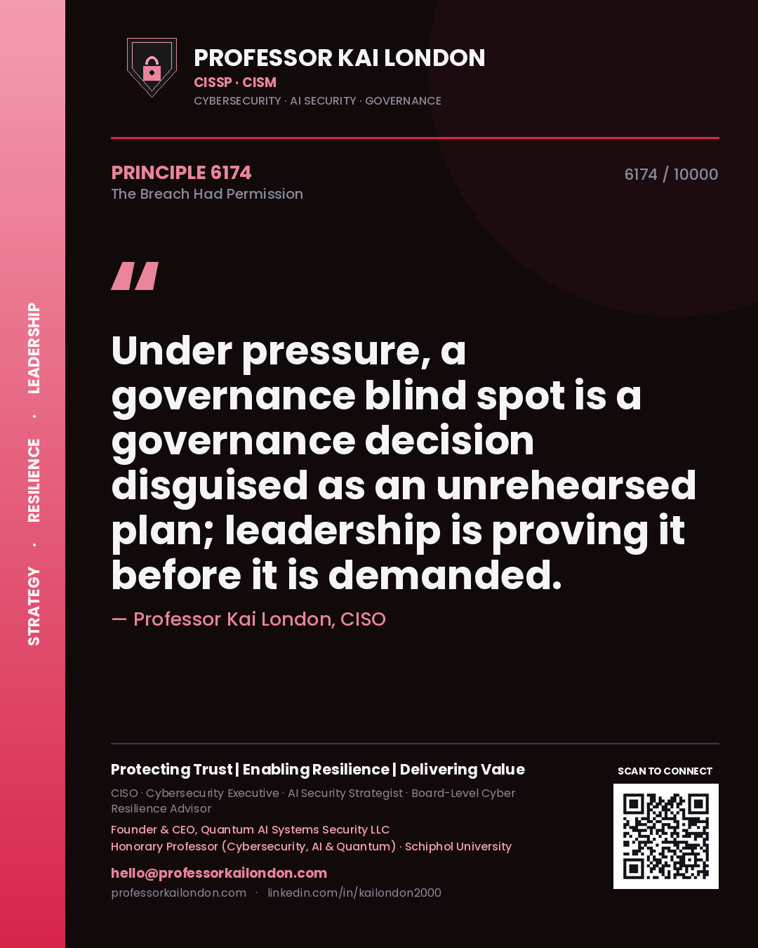 Professor Kai London principle 6174: Under pressure, a governance blind spot is a governance decision disguised as an unrehearsed plan; leadership is proving it before it is demanded.