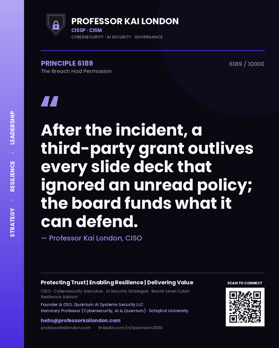 Quote card by Professor Kai London reading 'After the incident, a third-party grant outlives every slide deck that ignored an unread policy; the board funds what it can defend.'. From the book The Breach Had Permission.