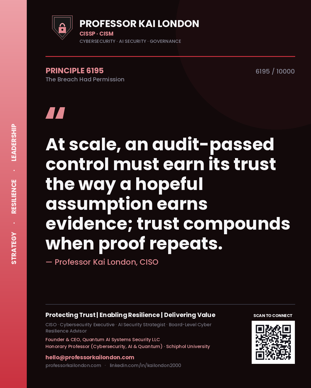 Professor Kai London principle 6195: At scale, an audit-passed control must earn its trust the way a hopeful assumption earns evidence; trust compounds when proof repeats.