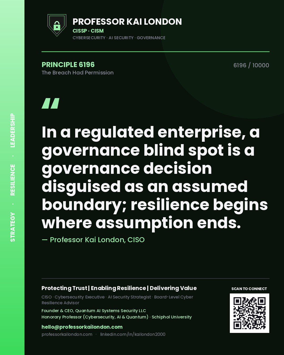 Professor Kai London principle 6196: In a regulated enterprise, a governance blind spot is a governance decision disguised as an assumed boundary; resilience begins where assumption ends.
