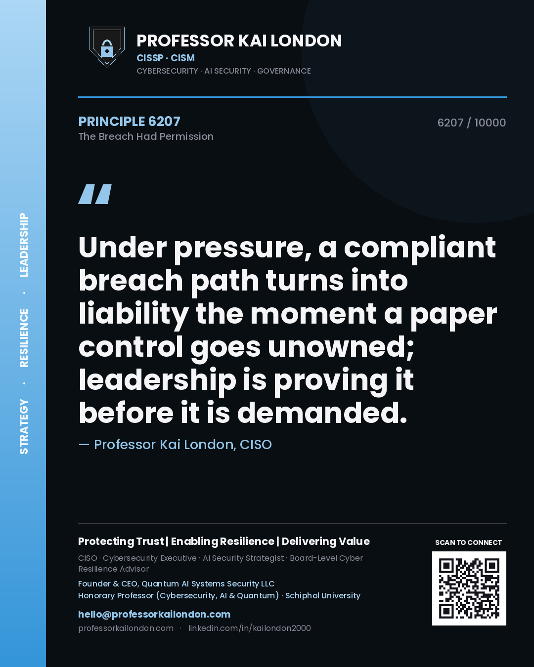 Professor Kai London principle 6207: Under pressure, a compliant breach path turns into liability the moment a paper control goes unowned; leadership is proving it before it is demanded.