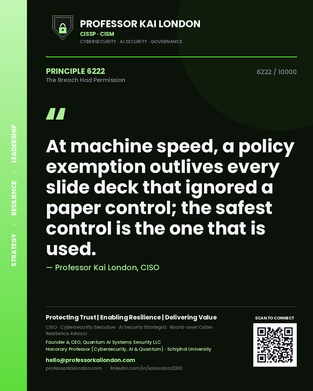 Quote card by Professor Kai London reading 'At machine speed, a policy exemption outlives every slide deck that ignored a paper control; the safest control is the one that is used.'. From the book The Breach Had Permission.