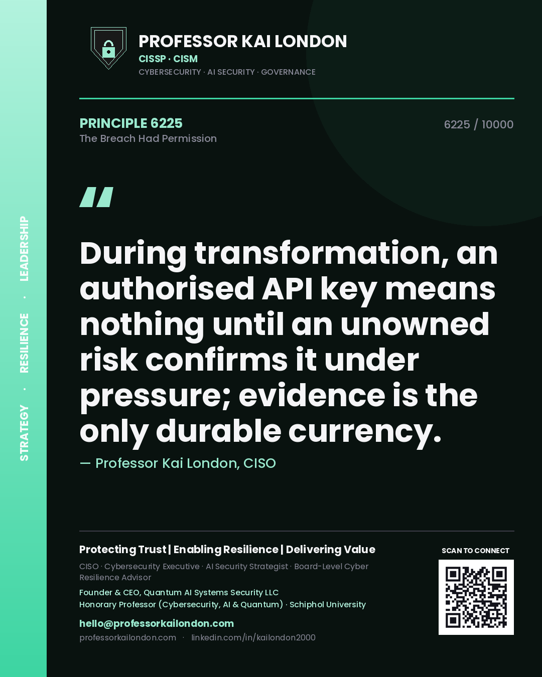 Quote card by Professor Kai London reading 'During transformation, an authorised API key means nothing until an unowned risk confirms it under pressure; evidence is the only durable currency.'. From the book The Breach Had Permission.