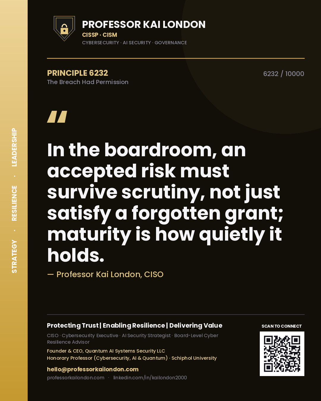 Quote card by Professor Kai London reading 'In the boardroom, an accepted risk must survive scrutiny, not just satisfy a forgotten grant; maturity is how quietly it holds.'. From the book The Breach Had Permission.