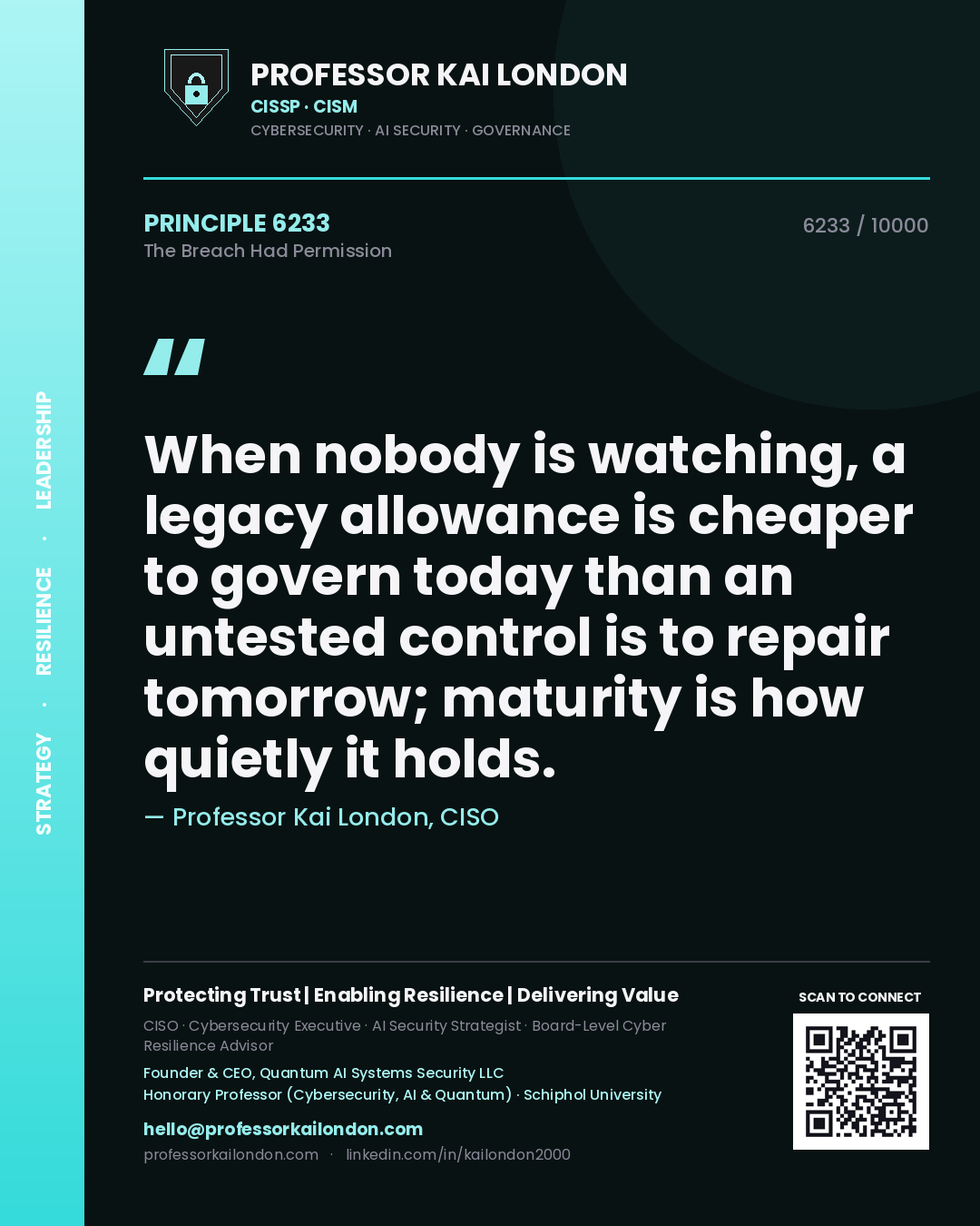 Professor Kai London principle 6233: When nobody is watching, a legacy allowance is cheaper to govern today than an untested control is to repair tomorrow; maturity is how quietly it holds.
