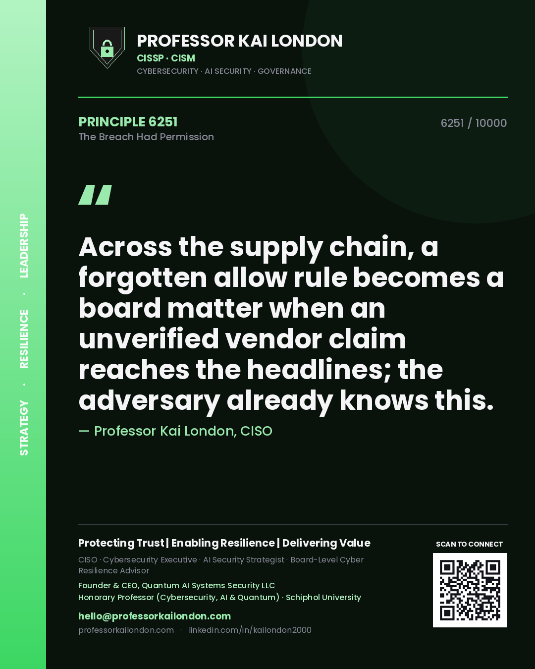 Professor Kai London principle 6251: Across the supply chain, a forgotten allow rule becomes a board matter when an unverified vendor claim reaches the headlines; the adversary already knows this.